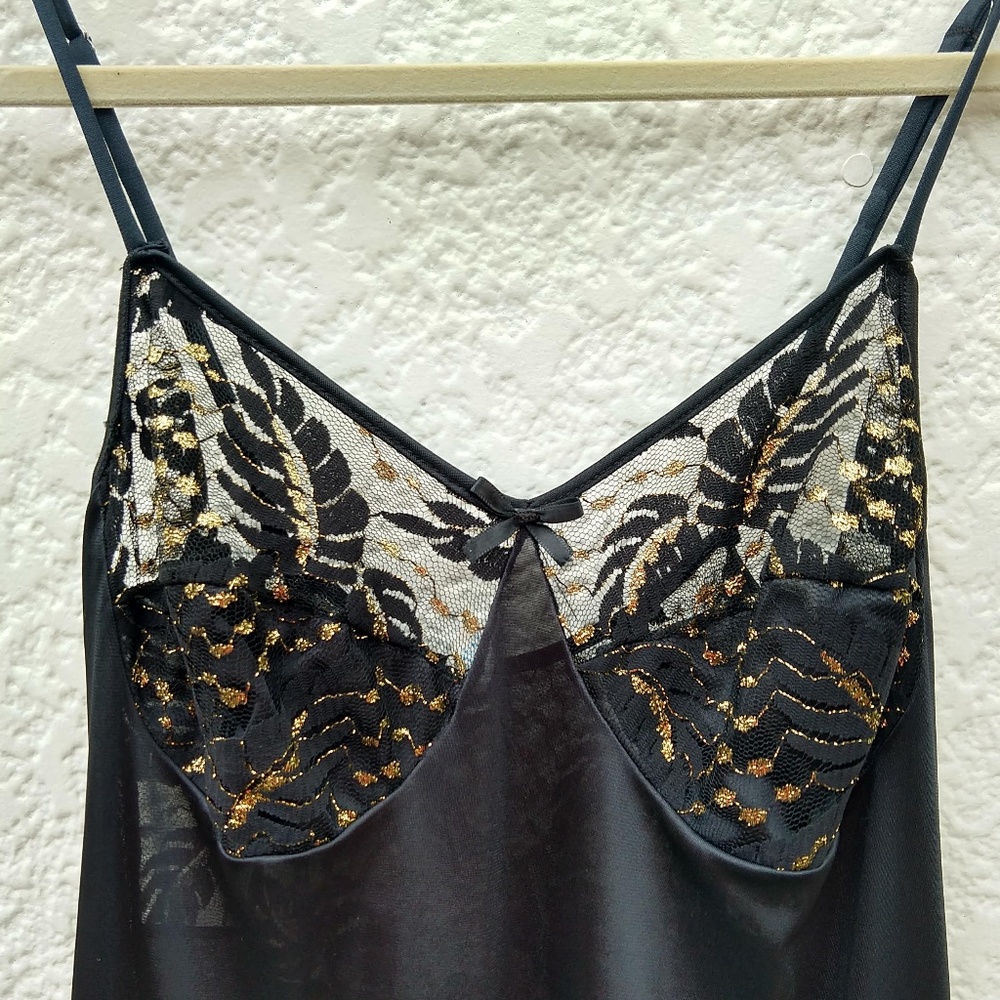 XL Vintage Negligee, Maxi Nightie, Black Satin